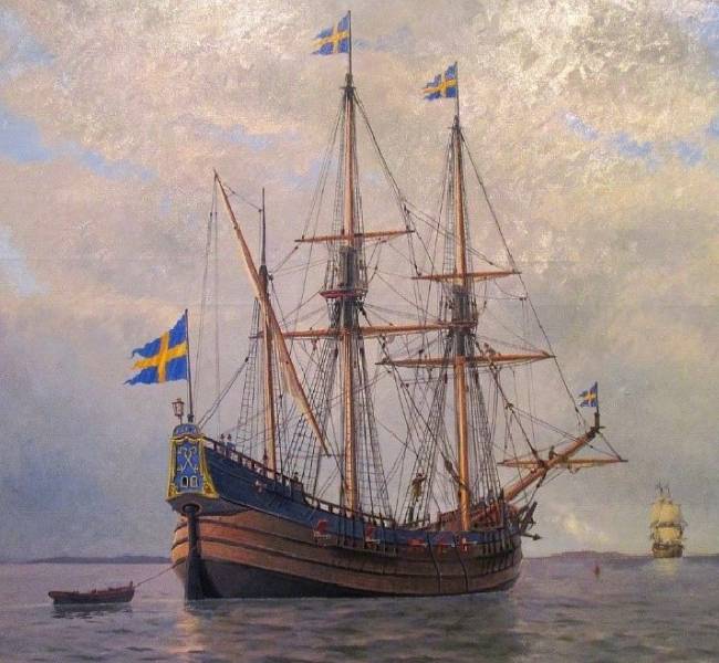 A painting of a large ship in the ocean.